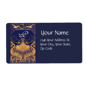 Étiquette Vaisseau antique, Dauphins, Or, Monogramme bleu ma