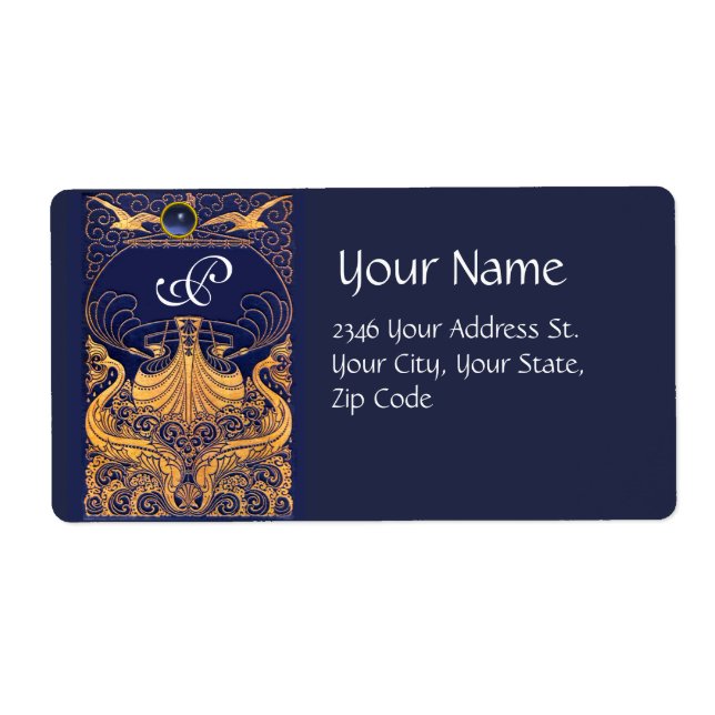 Étiquette Vaisseau antique, Dauphins, Or, Monogramme bleu ma (Devant)