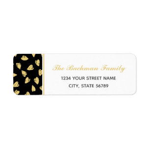 Étiquette Valentine Hearts Black & Gold Adresse de retour La