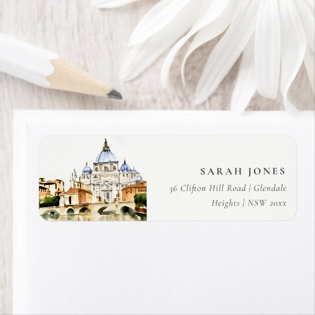 Étiquette Vatican Rome Italie Aquarelle Adresse Paysage (En situation)