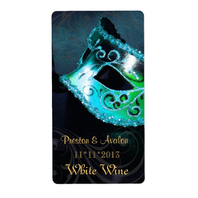 Étiquette Venise Masquerade Turquoise Mariage de vin Étiquet (Devant)