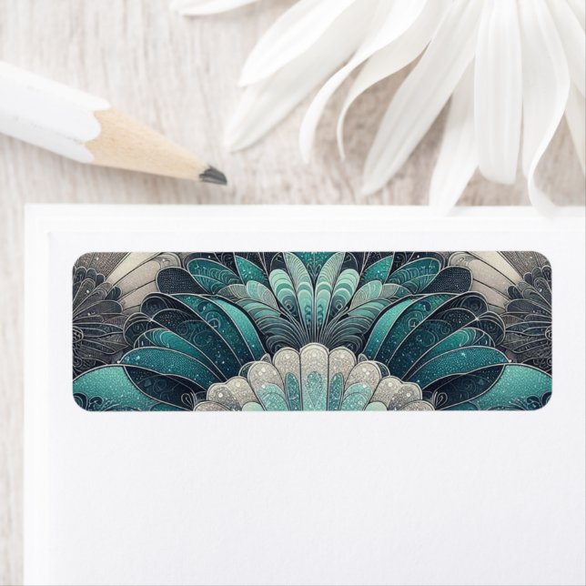 Étiquette Ventilateurs Art Nouveau bleu et argent (En situation)