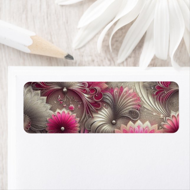 Étiquette Ventilateurs Art nouveau rose et argent (En situation)