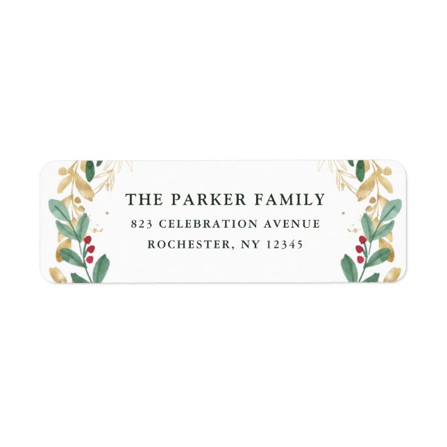 Étiquette Verdure dorée sur Noël blanc Adresse de retour (Devant)