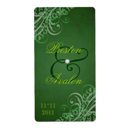 Étiquette vert baroque de vin de mariage de