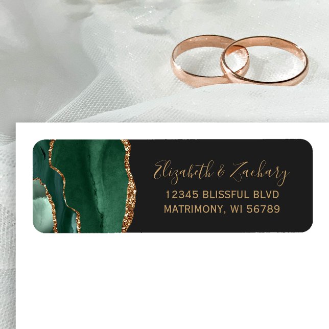 Étiquette Vert émeraude or agate Adresse de retour de mariag (Créateur téléchargé)