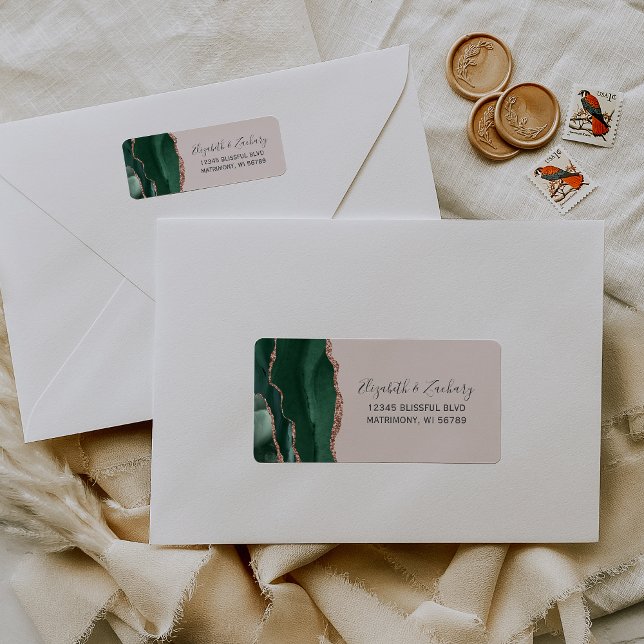 Étiquette Vert émeraude Rose Gold Agate Blush Adresse de Ret (Créateur téléchargé)