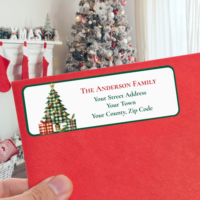 Étiquette Vert moderne En vichy Arbre de Noël Nom (Créateur téléchargé)