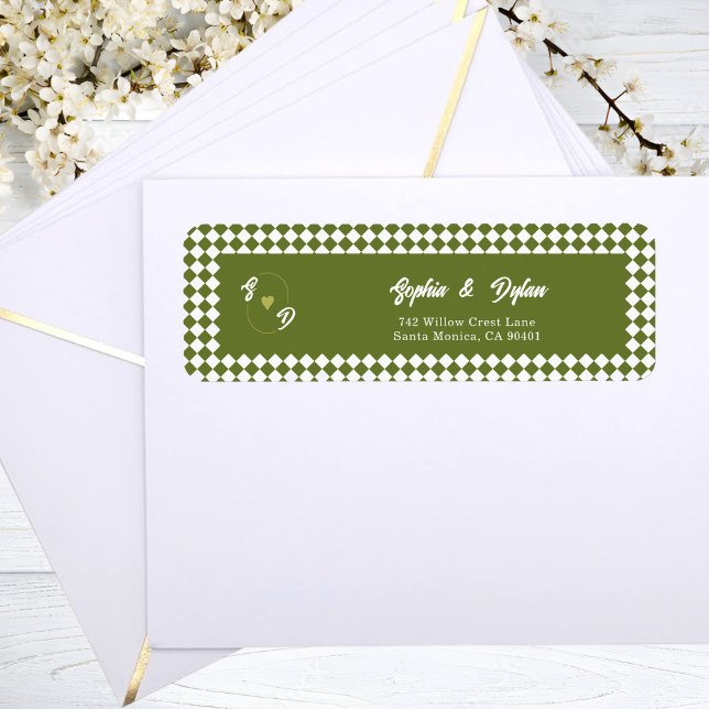 Étiquette Vert olive rétro monogramme initiale adresse de ma (Créateur téléchargé)