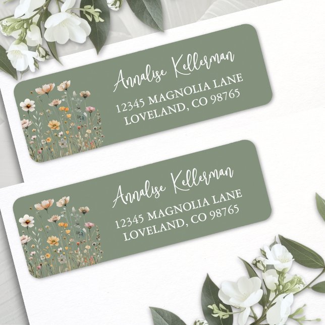 Étiquette Vert sauge Fleurs sauvages Floral Adresse de retou (Sage Green Wildflower Floral Return Address Label )