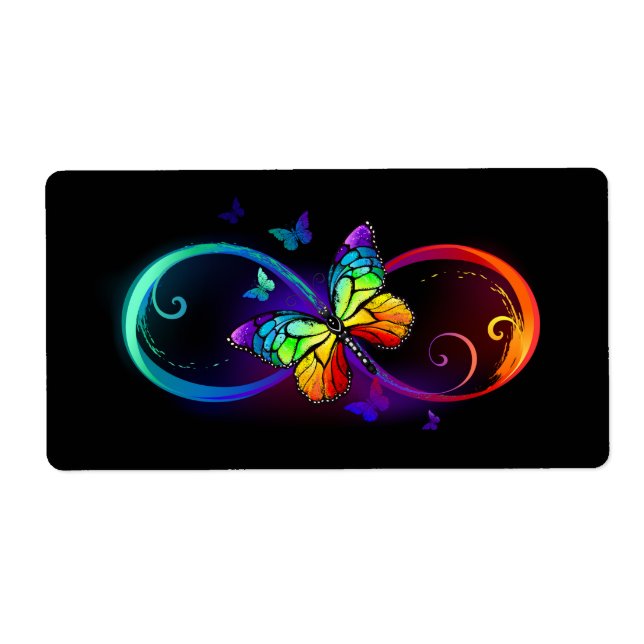 Étiquette Vibrant infinity with rainbow butterfly on black (Devant)