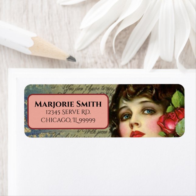 Étiquette Victorian Glamor Girl avec Red Rose Adresse de ret (En situation)