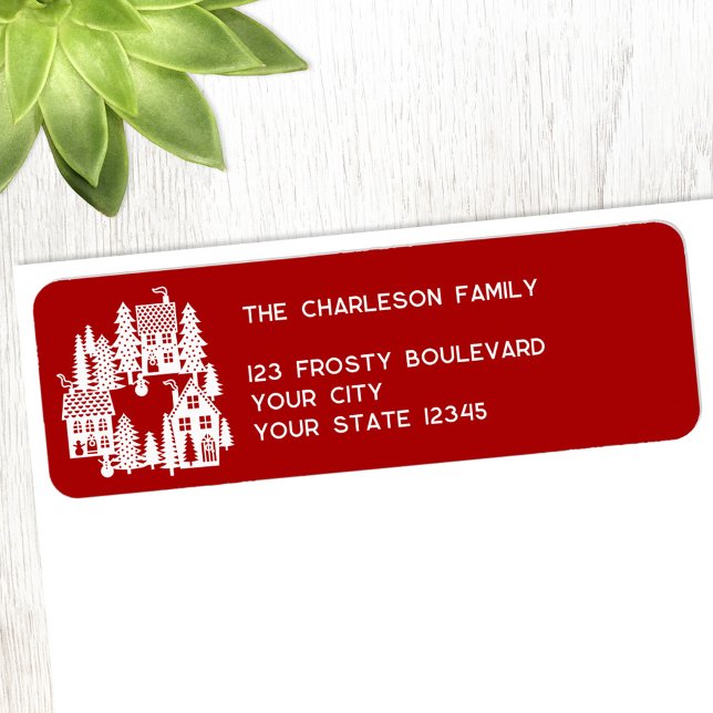 Étiquette Village de Noël Rouge et Blanc Adresse de retour (Christmas Village red and white personalized custom text return address label for the winter Holiday)
