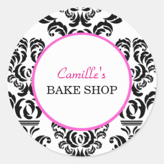 Étiquette vintage à bavette rose et noire Damask