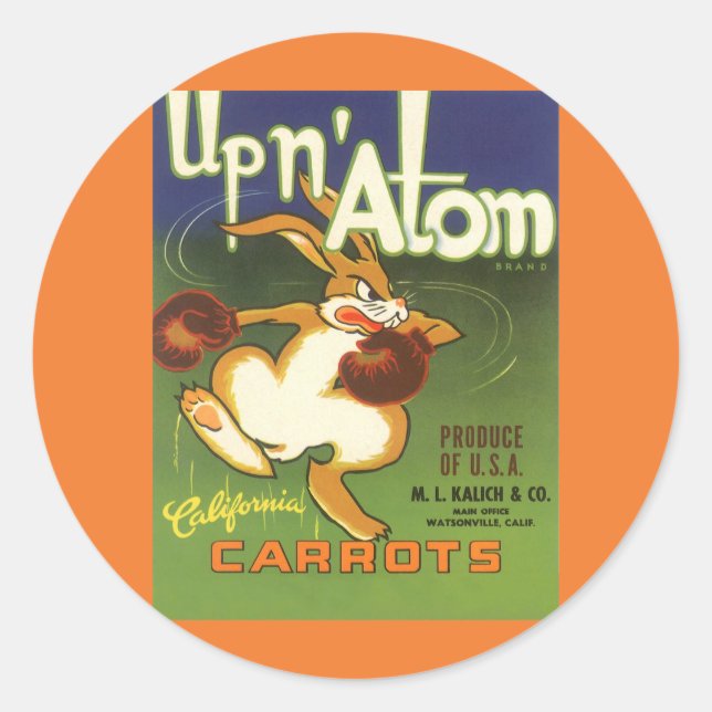 Étiquette vintage Art Boxeur Lapin, Carottes Up n  (Devant)