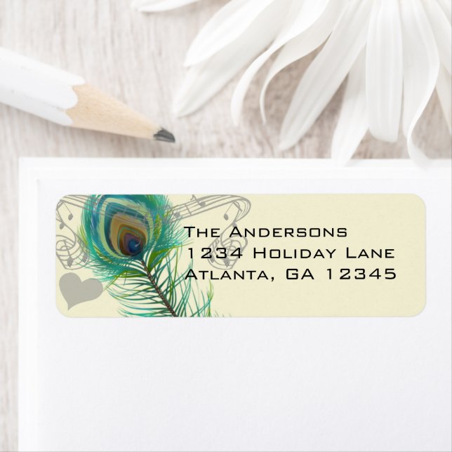 Étiquette Vintage Birds Musical Peacock Adresse en plume (En situation)