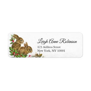 Étiquette Vintage Bunnies Holly Christmas Retour Adresse