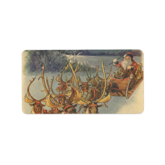 Étiquette Vintage Christmas Santa Claus Sleigh with Reindeer