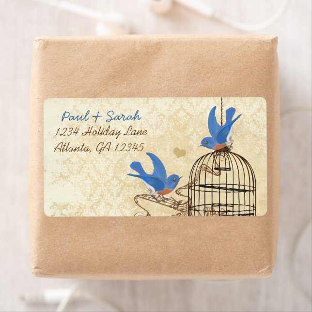 Étiquette Vintage Damask Lucky Bluebirds Brown Bird Cage (En situation)
