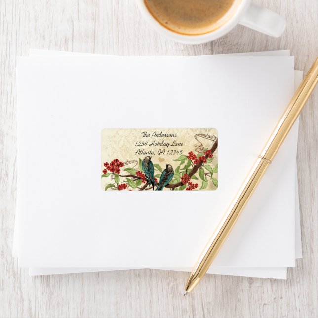 Étiquette Vintage Damask Turquoise Bird Burgundy Flower Bran (En situation)