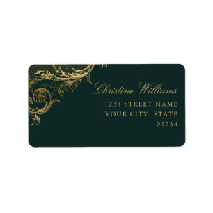 Étiquette Vintage Emerald Green Gold Floral Mariage damassé