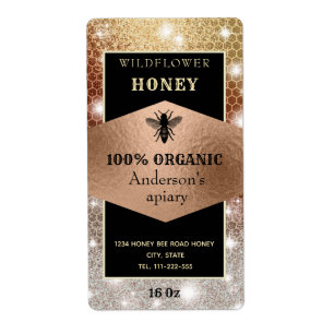 Étiquette Vintage étincelle rose logo abeille en or miel pot