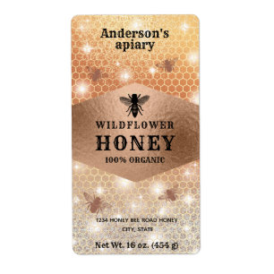 Étiquette Vintage étincelle rose or abeille miel pot étiquet