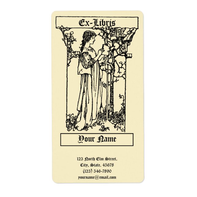 Étiquette Vintage Ex Libris Girl With Book Template (Devant)