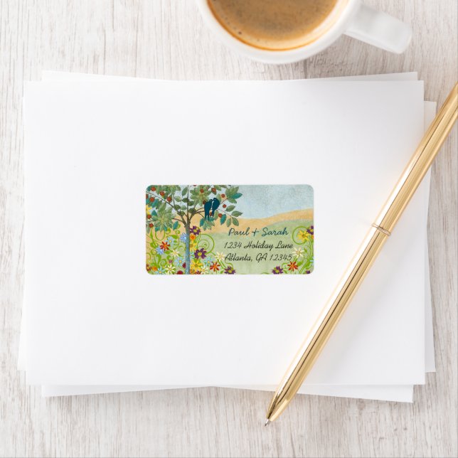 Étiquette Vintage Lovebirds Romantic Tree Damask Hills RSVP (En situation)