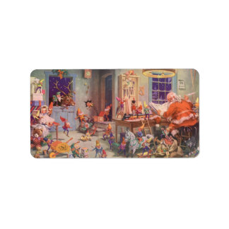 Étiquette Vintage Noël, Santa Claus avec Elves Atelier