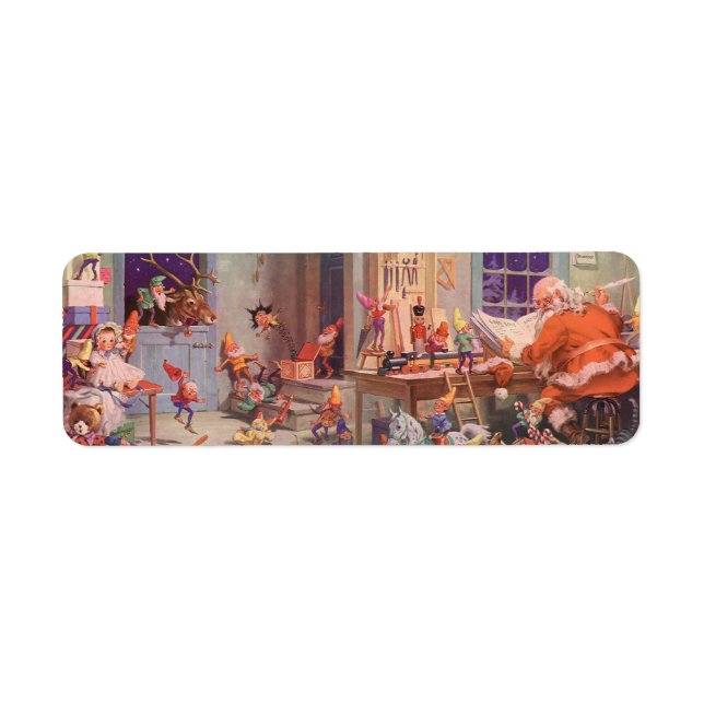 Étiquette Vintage Noël, Santa Claus avec Elves Atelier (Devant)