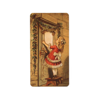Étiquette Vintage Noël Victorian Girl Hanging a Garland