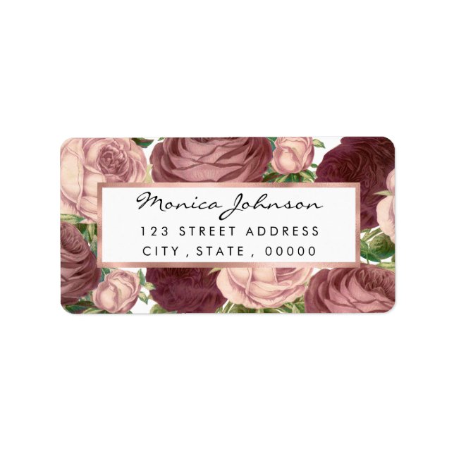 Étiquette Vintage pays chic bordeaux rose roses fleurs (Devant)