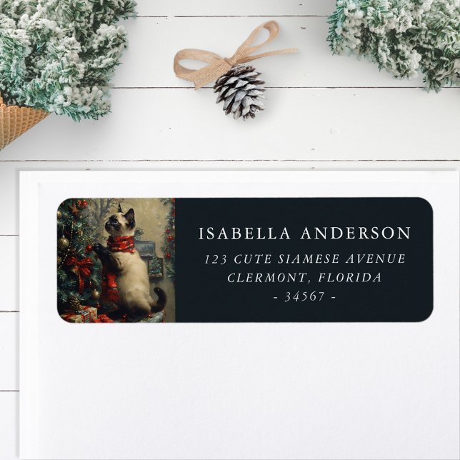 Étiquette Vintage Siamese Chat Noël Adresse de retour (Créateur téléchargé)