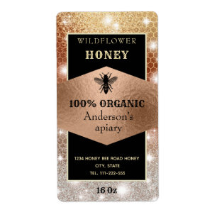 Étiquette Vintage sparkle rose gold bee logo honey jar