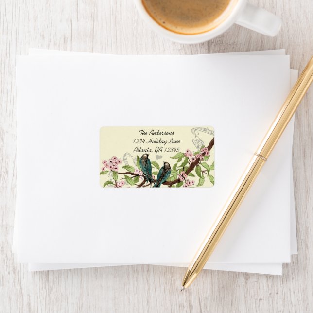 Étiquette Vintage Teal Birds Pink Flowering Branch Label (En situation)