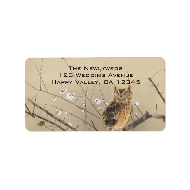 Étiquette Vintage Wedding, Japanese Owl and Plum Tree (Devant)