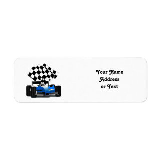 Étiquette Voiture de course bleue avec drapeau À damiers