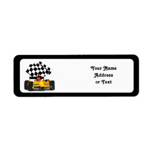 Étiquette Voiture de course jaune avec drapeau À damiers
