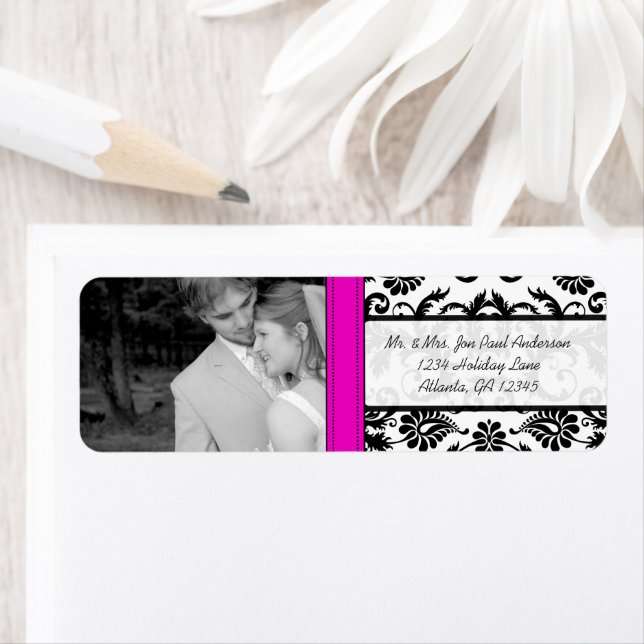 Étiquette Votre Mariage photo Fuchsia Vintage Damask (En situation)