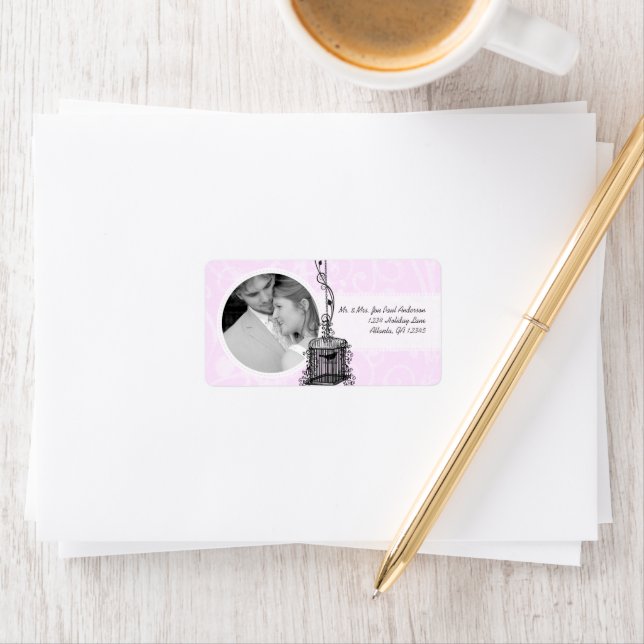 Étiquette Votre Mariage Photo Oiseaux Vintages Lilac Damask (En situation)