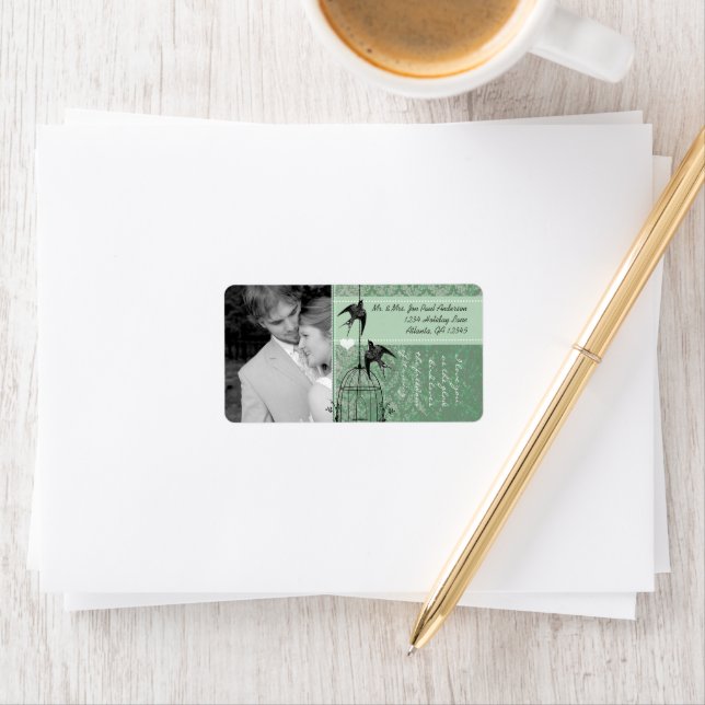 Étiquette Votre Mariage photo Vintage Birdcage RSVP Damask (En situation)