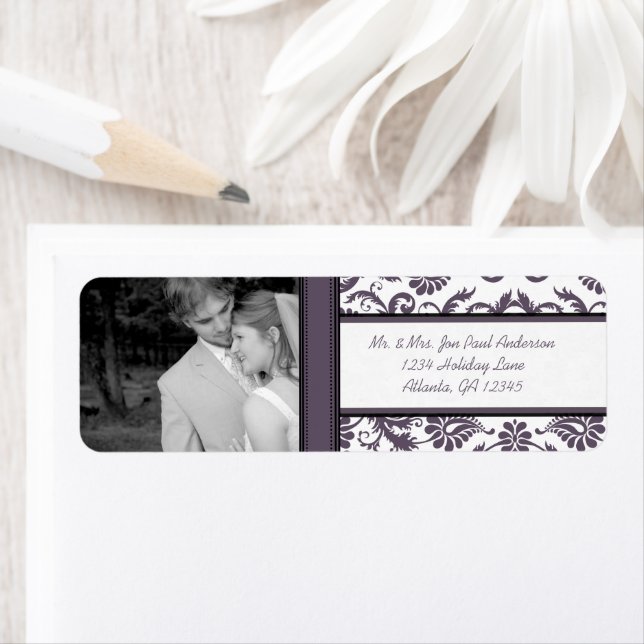 Étiquette Votre Mariage Photo Vintage Eggplant Damask (En situation)