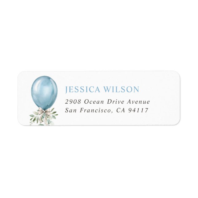 Étiquette Watercolor Blue Balloon Bow Greenery (Devant)