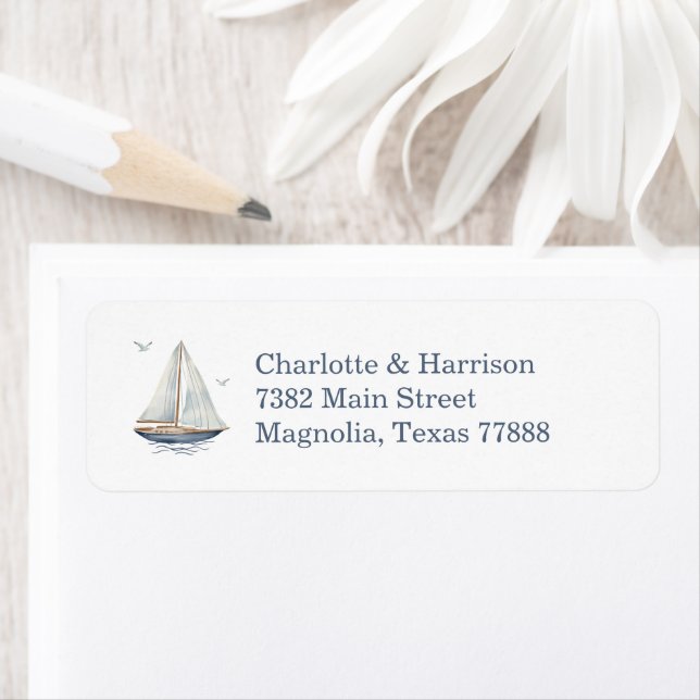 Étiquette Watercolor Coastal Seascape Wedding Address (En situation)