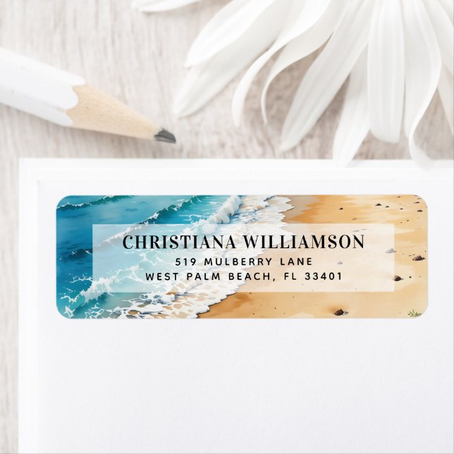 Étiquette Watercolor Ocean Waves Seaside Tropical Beach (En situation)