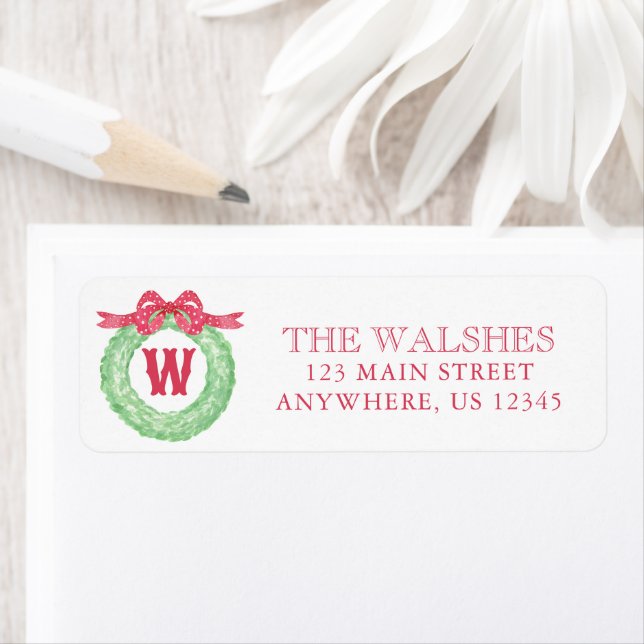 Étiquette Watercolor Polka Dot Bow Monogram Wreath Address (En situation)