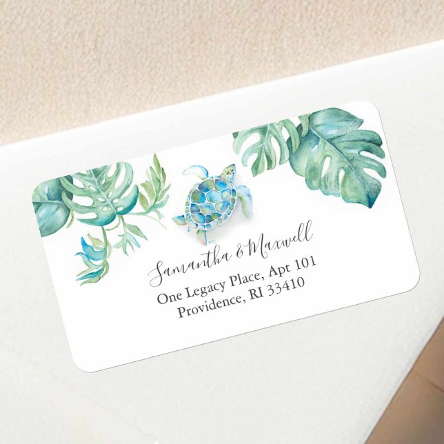 Étiquette Watercolor Sea Turtle Beach Adresse de retour Labe (Return address label tropical sea turtle and palm leaves art by Victoria Grigaliunas DoTellABelle)