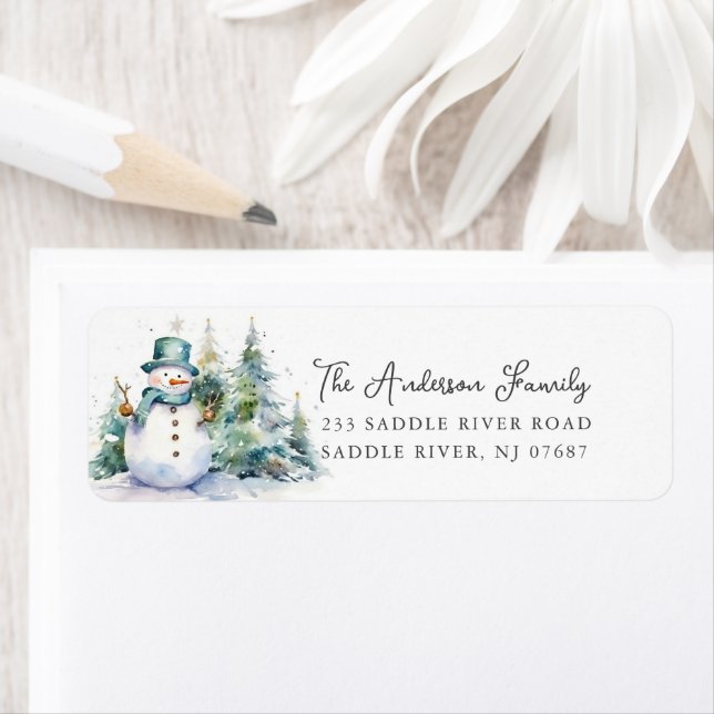 Étiquette Watercolor Snowman Adresse de retour (En situation)