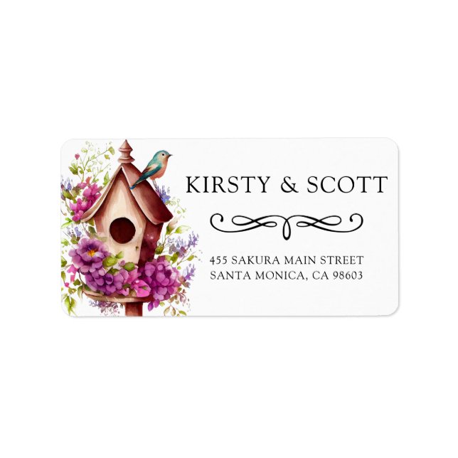 Étiquette Watercolor Spring Floral Birdhouse Address (Devant)